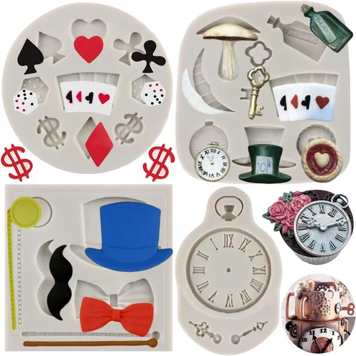 Miniatura 10 de Sijiangmold Moldes de silicona de póquer, molde para sombrero de Alicia de las maravillas para fondant, molde vintage para reloj, naipes