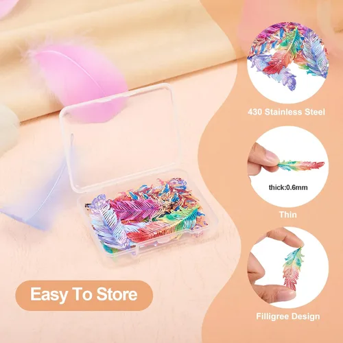 Miniatura 6 de FASHEWELRY 16 dijes de plumas de arco iris de acero inoxidable con alas de filigrana, adornos de metal de 4 colores para hacer joyas, pulseras