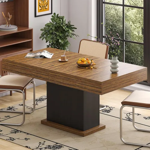 Miniatura 5 de Mesa de comedor con cajones para 4-6 personas, mesa de comedor de 55 pulgadas con luces LED, base de pedestal de madera, mesa de cocina rectangular