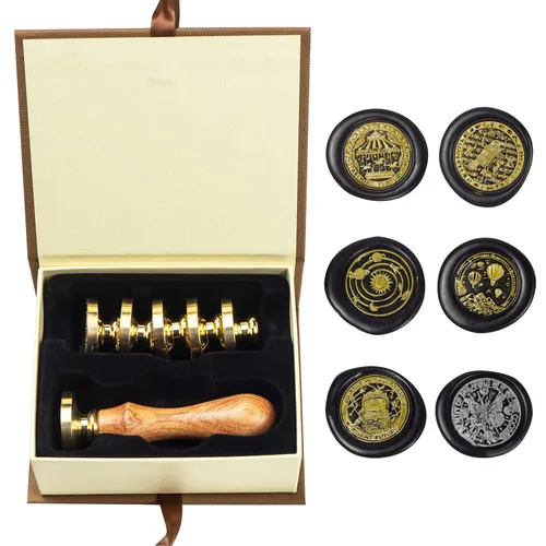Miniatura 34 de Juego de sellos de cera de animales con 7 cabezas de latón extraíbles y 1 mango de madera, sello de cera retro para gatos, pájaros, mariposa, abeja