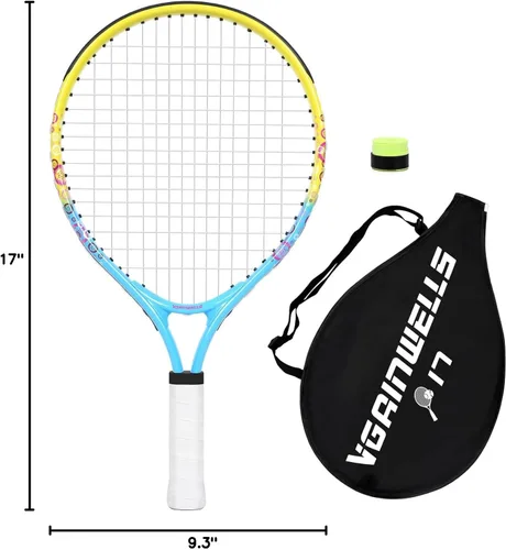 Miniatura 10 de Raqueta de tenis para niños de 17"-23" para edades de 2-9 años, ligera y duradera, incluye 1 raqueta de tenis para niños pequeños y 1 cintas