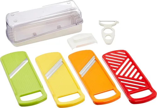 Wahei Freiz ME-7288 - Juego de rebanador, fabricado en Japón, rebanador, Julienne, rallador, pelador, soporte de seguridad, estuche de