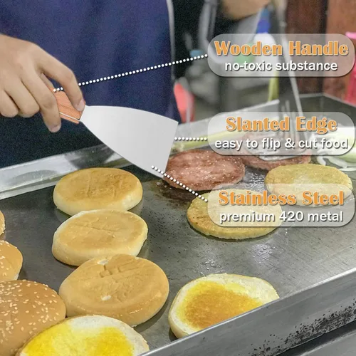 Miniatura 3 de HaSteeL Juego de 2 raspadores de plancha de madera, raspadores de parrilla de metal de acero inoxidable de 9.5 pulgadas para servicio de alimentos