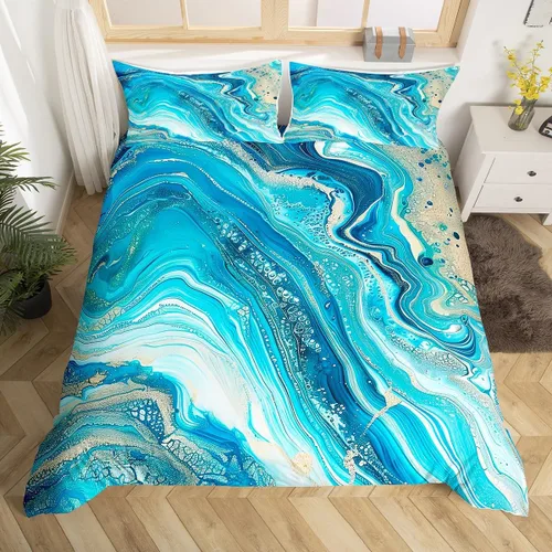 Miniatura 18 de Erosebridal Juego de ropa de cama de mármol líquido azul aguamarina, funda de edredón con estampado de mármol con patrón de mármol abstracto, juego