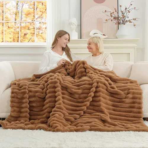 Miniatura 40 de Cozy Bliss Manta de Tiro de Piel Sintética para Sofá, Manta de Felpa Acogedora y Cálida a Rayas para Sofá Dormitorio Sala de Estar, 50 x 60 Pulgadas