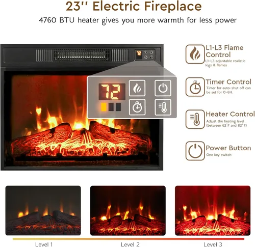 Miniatura 3 de Chimenea eléctrica de 23 pulgadas, calentador eléctrico de inserción de chimenea negra infrarroja 3D, con control remoto IR, vista de vidrio