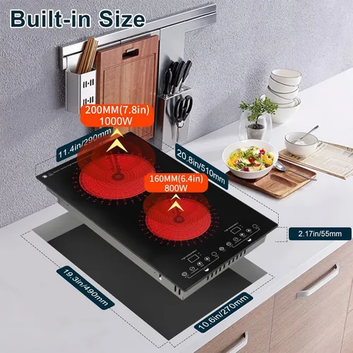 Miniatura 4 de Estufa eléctrica, estufa eléctrica de 2 quemadores con pantalla táctil LED, 9 niveles de calefacción, temporizador, bloqueo para niños, aislamiento
