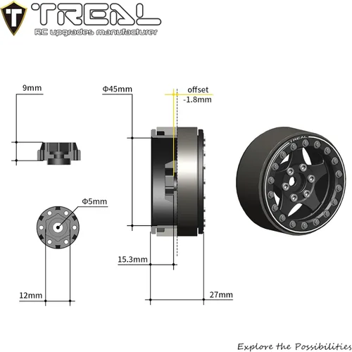 Miniatura 4 de Treal Ruedas Beadlock 1.9 (4 piezas) Ruedas mecanizadas CNC de aluminio para Crawlers a escala 1:10 RC-Tipo E (Negro-Azul)