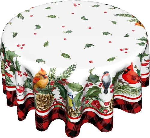 Giwawa Mantel Redondo de Invierno con Aves para Navidad de 60 Pulgadas, con Bayas de Acebo y Piña, Diseño de Buffalo Plaid en Rojo y Negro,
