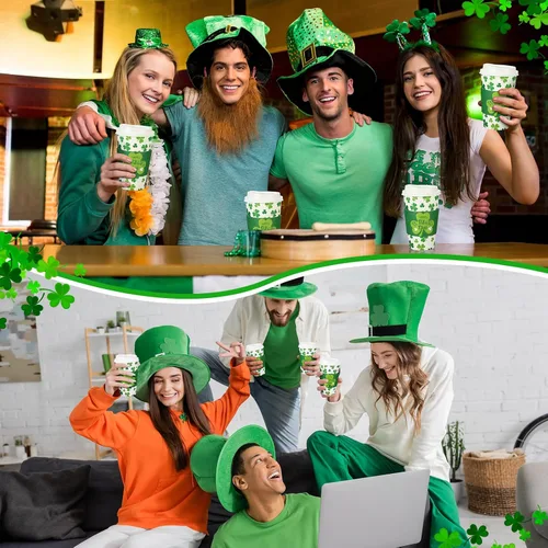 Miniatura 4 de Jingmore Paquete de 60 tazas de café desechables del día de San Patricio con tapas y fundas de 16 onzas, tazas de café irlandesas de papel de trébol