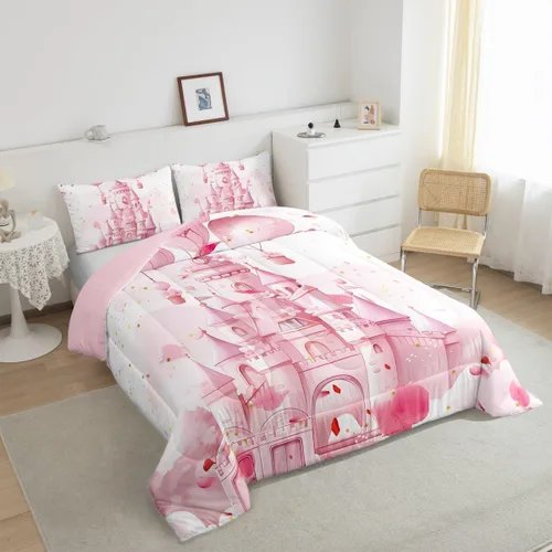 Miniatura 3 de Feelyou Juego de edredón de castillo rosa para niños, tamaño individual, juego de ropa de cama de princesa para niños y niñas, inserto de edredón
