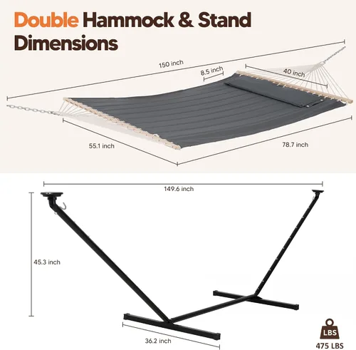 Miniatura 5 de SUNCREAT Hamaca doble con soporte de 12 pies, luces solares incluidas, hamaca al aire libre para exterior, gris oscuro
