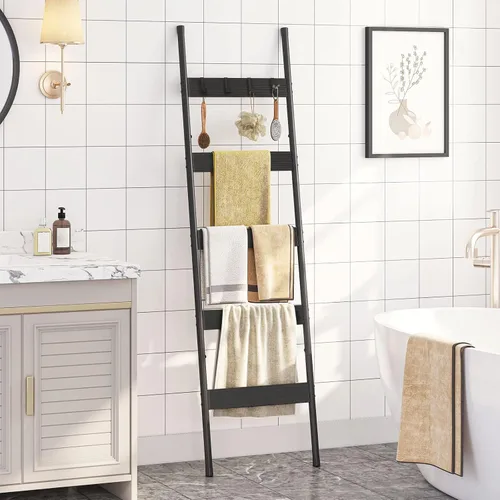 Miniatura 2 de HOOBRO Escalera para mantas, estante de toallas de 5 niveles con ganchos, estante de mantas inclinado en la pared, estante decorativo