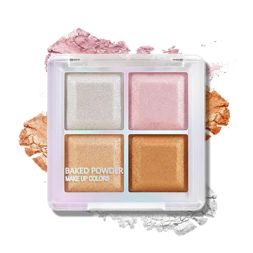 Boobeen Paleta de rubor e iluminador, 4 colores metálicos de sombra en polvo, set de maquillaje iluminador para sombrear, resaltar y definir la cara