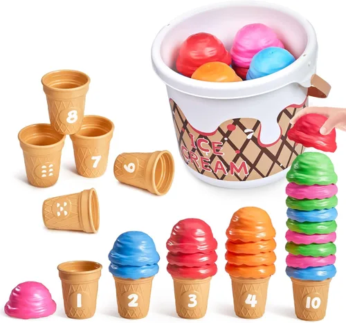 JoyCat Juego de actividades de aprendizaje preescolar para helados, conteo y clasificación de colores, juguetes apilables para niños de 1 a 5 años,