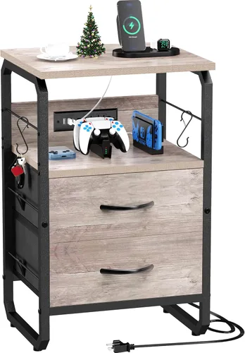 Miniatura 14 de runjuly Mesita de noche con luz, mesa auxiliar LED con cajones y estación de carga con puerto tipo C, pequeña mesa de noche con ganchos, cómoda