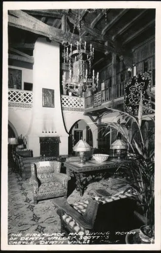 The Fireplace and living room of Death Valley Scott's Castle California Original Real Photo Postcard (RPPC)
