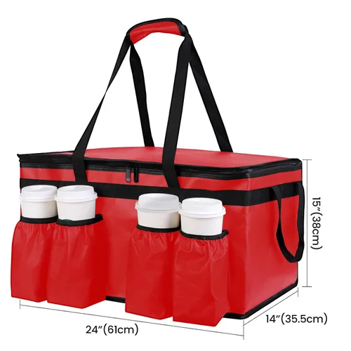 Miniatura 6 de musbus Bolsa aislada para entrega de alimentos con portavasos/portadores de bebidas Premium XXL, ideal para bebidas, comestibles, pizza, calidad Rojo