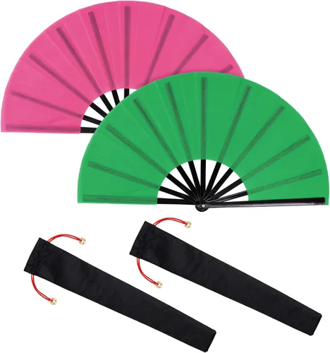 Miniatura 14 de Nydotd Paquete de 2 ventiladores plegables de mano grandes para fanáticos rave, tela de nailon plegable con funda de soporte para hombres y mujeres