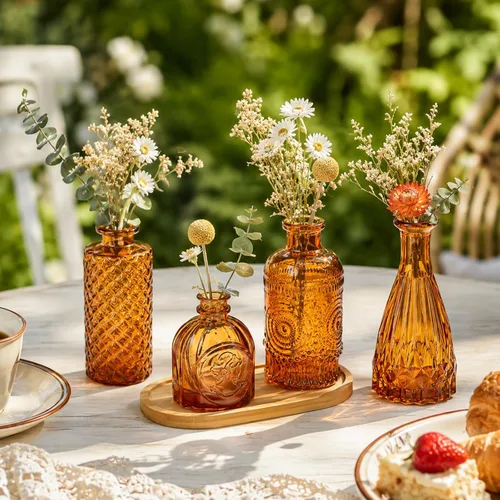 Miniatura 5 de Juego de 5 jarrones de cristal ámbar, mini jarrón para centros de mesa, jarrones pequeños de color marrón a granel para decoraciones de boda, jarrón