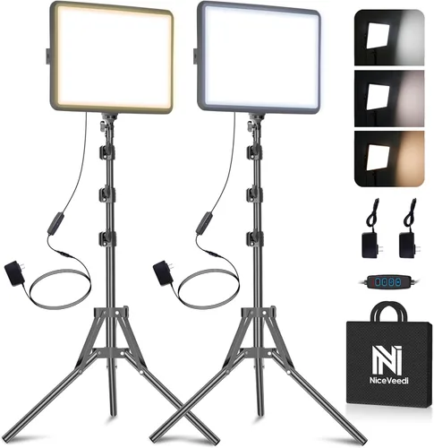 Miniatura 9 de Paquete de 2 luces LED de video, luz NiceVeedi Studio, kit de iluminación regulable de 2800-6500K para fotografía con soporte de trípode y soporte