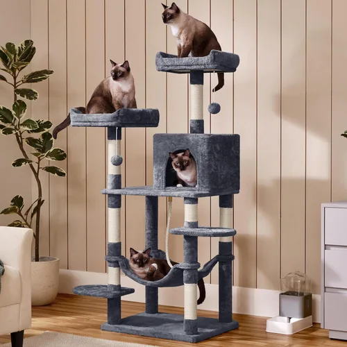 Miniatura 2 de Yaheetech Árbol para gatos de 59 pulgadas con postes rascadores, centro de actividades para escaladores con condominio y dispositivo antivolcado