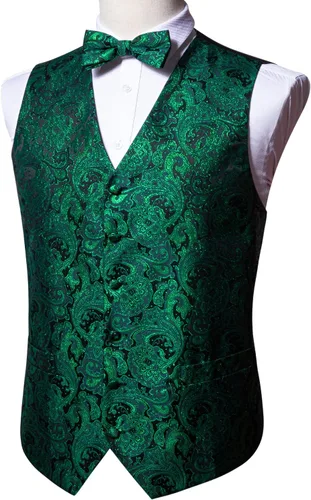 Miniatura 12 de Barry.Wang Conjunto de chaleco de pajarita para hombre, chaleco con cuello en V de seda jacquard de cachemira, gemelos de pañuelo formal/ocio, boda