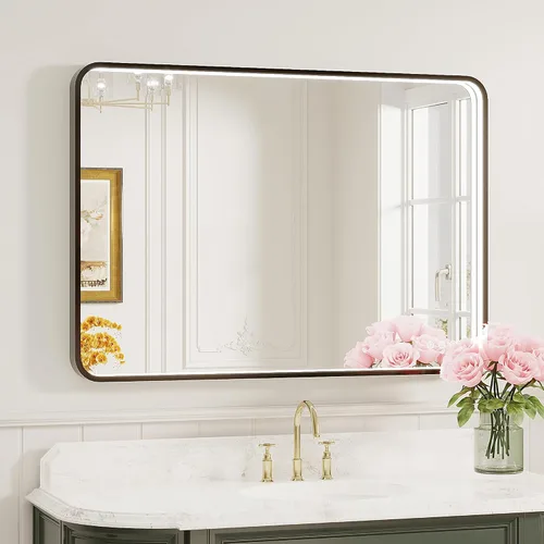 Miniatura 38 de Espejo de baño LED de 24x32 pulgadas con luces, espejo LED con marco de metal negro para baño, 3 colores y luz regulable sin escalones montada