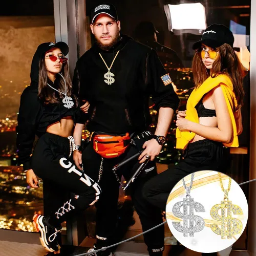 Miniatura 4 de Hip Hop Cadena de oro larga chapada en oro, accesorios para hombre, collares con signo de dólar, collar de dinero, cadena de oro falsa