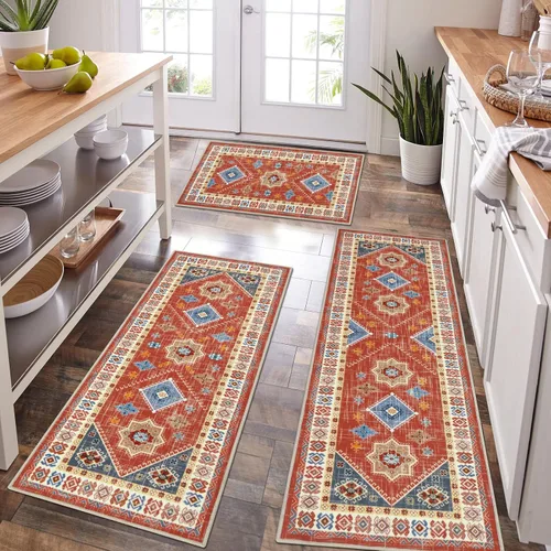 Miniatura 36 de HEBE - Juego de alfombras de cocina bohemias de 3 piezas con corredor, alfombras de cocina antideslizantes y tapetes lavables para piso de cocina