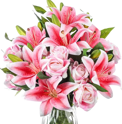 Hotop 20 piezas de flores artificiales de terciopelo, rosas realistas y lirios de látex, arreglos de decoración para el hogar, centros de mesa,