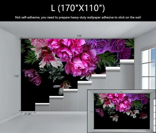 Miniatura 4 de Papel pintado floral de peonía púrpura, mural botánico de hojas tropicales y flores de rosa para dormitorio (no pelar ni pegar)
