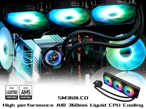 Miniatura 9 de SAMA SM360 Negro Enfriador de Líquido Ajustable con Pantalla LCD, Ventilador Silencioso ARGB PWM Dirigido de 3 x 120 mm, Radiador AIO de 360 mm
