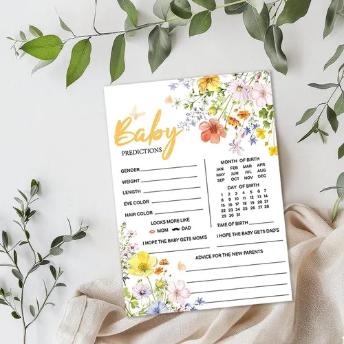 Miniatura 2 de 50 tarjetas de predicción de bebé para juegos de baby shower, tarjetas de deseos y consejos de flores silvestres con caja para decoraciones de baby