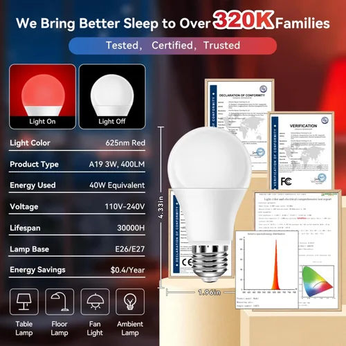 Miniatura 3 de Neporal Bombillas de Luz Roja de 625nm 3W para Dormir, Bombillas de Bloqueo 100% de Luz Azul para Promover la Melatonina, Bombilla LED A19