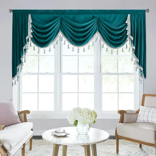 Miniatura 63 de StangH Cortinas decorativas de lujo, cenefa azul con bloqueo de luz, cenefa festoneada para ventana pequeña con bolsillo sólido para barra, cortina