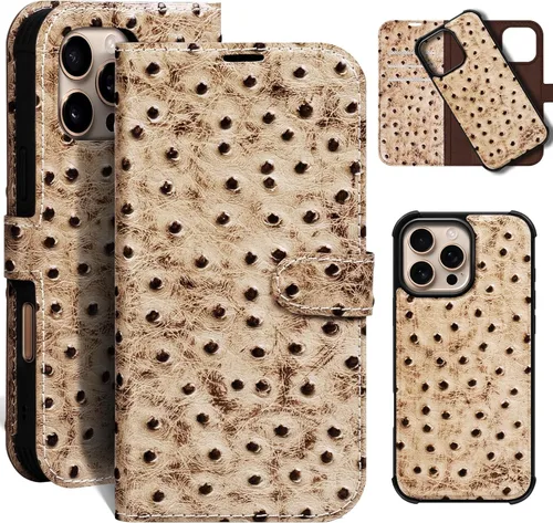 Miniatura 37 de Funda de cuero compatible con iPhone 16 Pro Max Cartera 6.9", cuero genuino 2 en 1, magnética, desmontable, a prueba de golpes, funda tipo folio