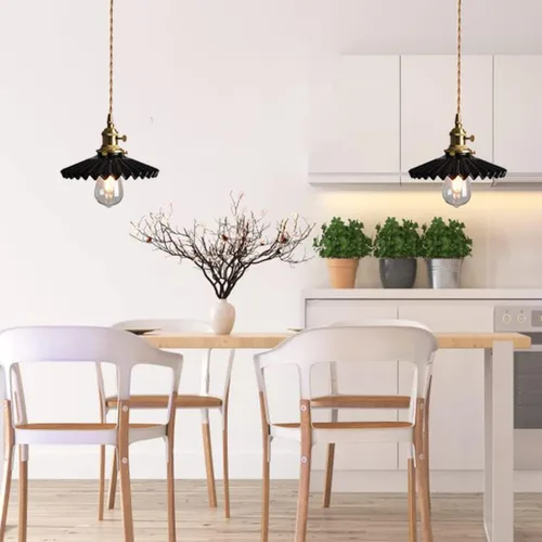 Miniatura 6 de Lámpara colgante de cerámica negra para isla de cocina, pantalla festoneada de cerámica, estilo granja, vintage, luces colgantes de techo