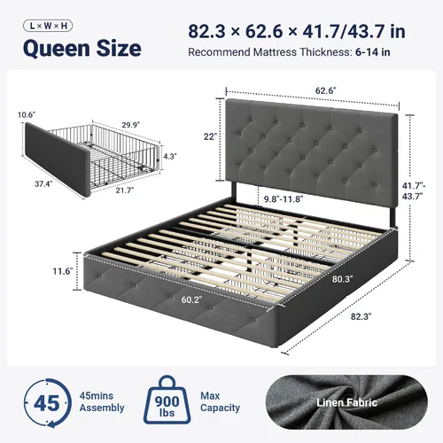 Miniatura 2 de Allewie - Marco de cama tapizado tamaño Queen con plataforma, 4 cajones de almacenamiento y cabecera, base de colchón tapizada con botones cosidos