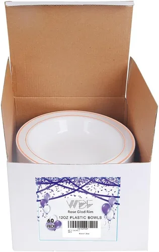 Miniatura 6 de WDF 60 cuencos de plástico desechables de 12 onzas, cuencos de ensalada con ribete de oro rosa, platos de plástico resistentes de alta calidad