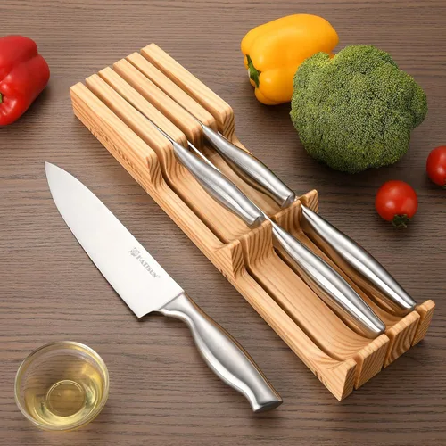 Miniatura 6 de Juego de cuchillos de cocina, juego de 6 piezas de bloques de cuchillos con organizador de cajones de cuchillos de pino, perfecto para el hogar