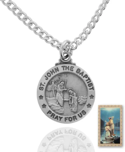Sterling Faith Medalla redonda de peltre San Juan el Bautista cadena infinita de 240in tarjeta de oración laminada