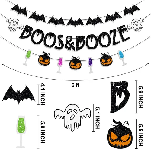 Miniatura 3 de Pancarta Pre-Ensartada de Boos y Bebidas Alcohólicas, Decoraciones de Halloween, Pancarta de Fantasma Murciélago Brujas para Decoración de Fiesta