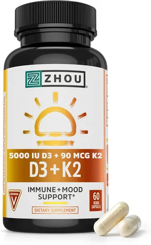 Zhou D3+K2 - Suplemento de vitamina D3 K2 para mujeres y hombres, suplementos de apoyo inmunológico Vit D3 y K2, fórmula vegetariana pura con 5000