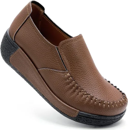 UZB Mocasines de cuero sin cordones para mujer, cómodos zapatos de plataforma casuales