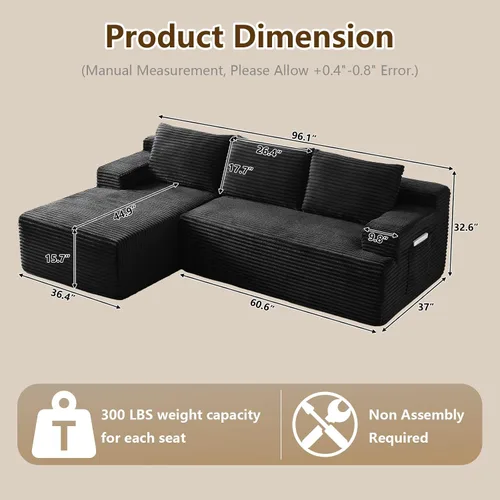 Miniatura 2 de Sofá seccional Cloud de 96 pulgadas, sofá deshuesado para sala de estar, sofá modular con asiento profundo, sofá de pana cómodo y esponjoso con Negro