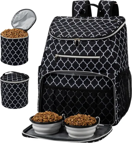 BAGLHER Mochila de viaje para perros, mochila de suministros para mascotas aprobada por aerolíneas, bolsa de viaje para perros con 2 cuencos DLBlack