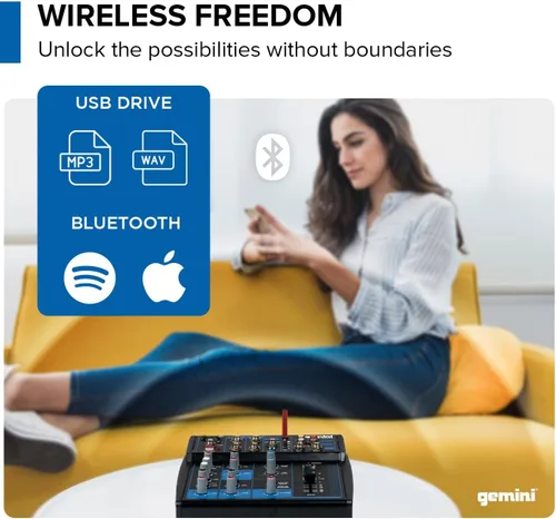 Miniatura 3 de Gemini - Mezclador de audio Bluetooth de 5 canales - USB, FX, Phantom Power - Mezclador compacto para DJ y estudio, interfaz de audio para PC