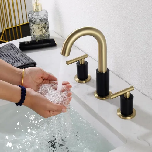 Miniatura 3 de ChiLDano Grifo de baño negro y dorado de 3 agujeros con desagüe emergente (con desbordamiento) y manguera de suministro, grifo de lavabo de baño
