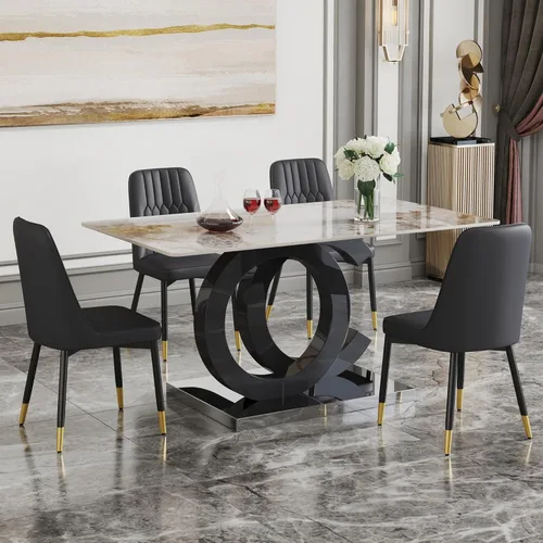 Miniatura 18 de Juego de mesa de comedor MUUOKY para 6, mesa de cocina y sillas para 6, superficie de mesa de piedra sinterizada con 6 sillas de comedor modernas